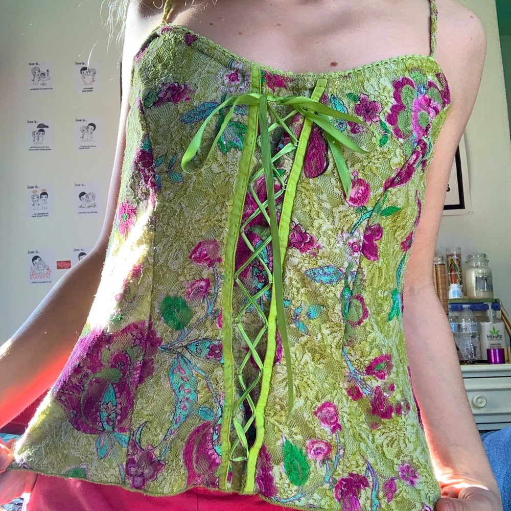 Vintage A. Byer Floral Green Corset Style Tank